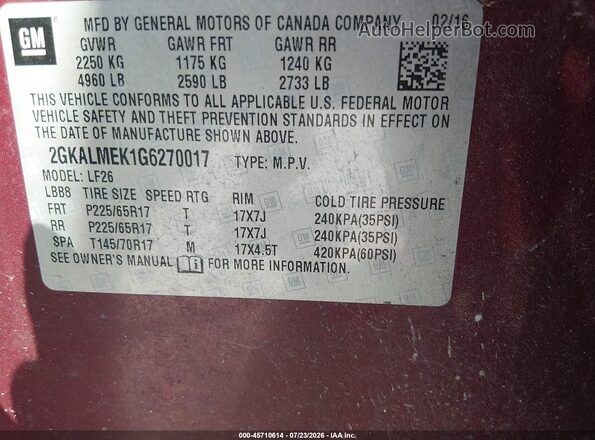 2GKALMEK1G6270017 2016 GMC TERRAIN Maroon Engine compartment view