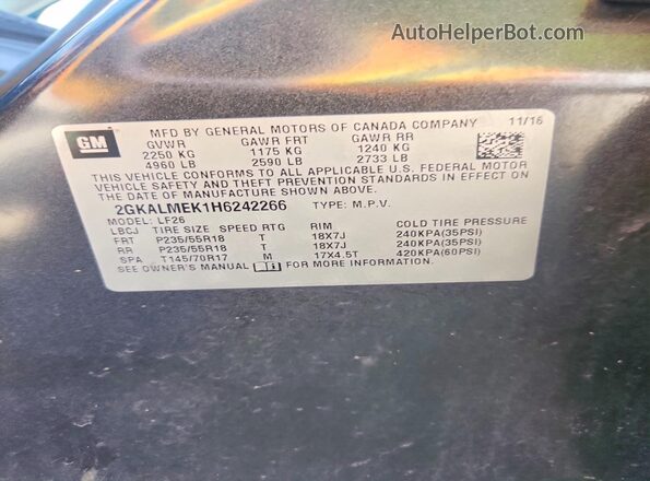 2GKALMEK1H6242266 2017 GMC TERRAIN Charcoal Вид наклейки з VIN-кодом