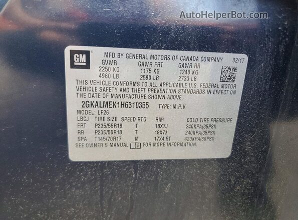 2GKALMEK1H6310355 2017 GMC TERRAIN Blue VIN կոդի պիտակի տեսք
