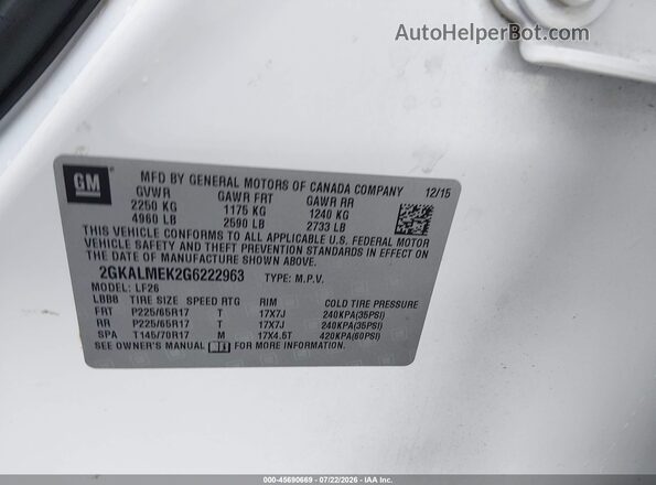 2GKALMEK2G6222963 2016 GMC TERRAIN White Вид підкапотного простору