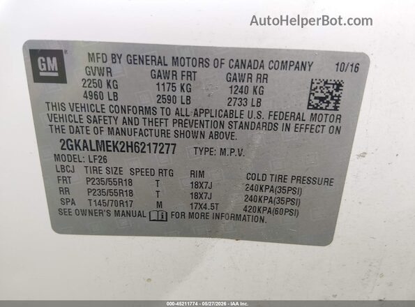 2GKALMEK2H6217277 2017 GMC TERRAIN White Vista del compartimento del motor
