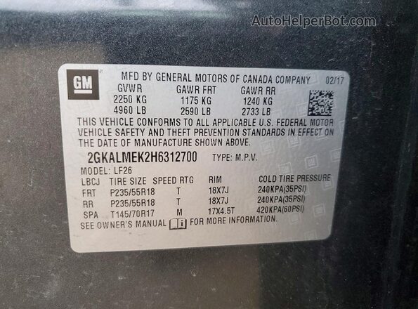 2GKALMEK2H6312700 2017 GMC TERRAIN Charcoal Շարժիչի բաժամունքի տեսք