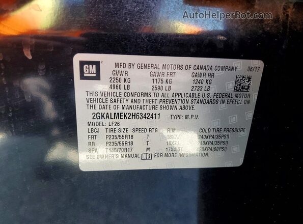 2GKALMEK2H6342411 2017 GMC TERRAIN Черный Вид наклейки с VIN-кодом