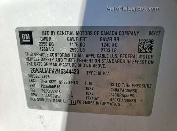 2GKALMEK2H6344420 2017 GMC TERRAIN White Вид наклейки з VIN-кодом