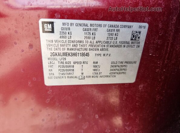 2GKALMEK3H6118645 2017 GMC TERRAIN Red Панорамний вид салону 360°