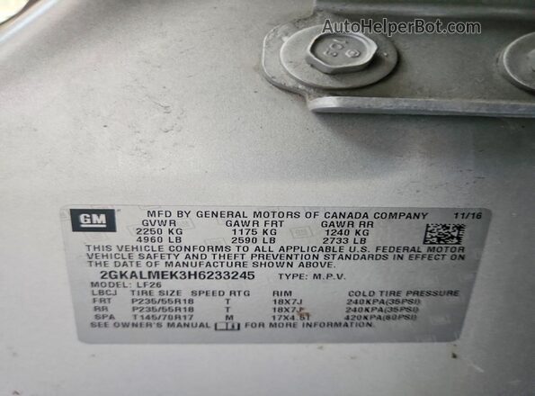 2GKALMEK3H6233245 2017 GMC TERRAIN Silver Вид наклейки з VIN-кодом