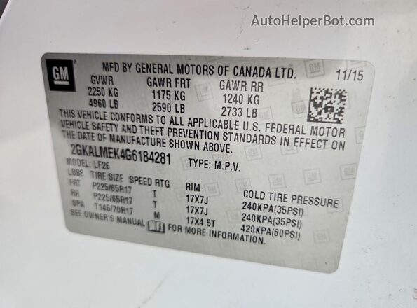 2GKALMEK4G6184281 2016 GMC TERRAIN White Vista de la etiqueta del VIN