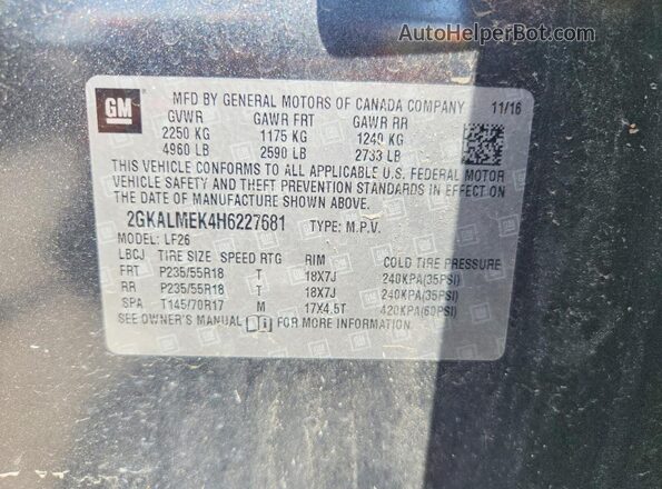 2GKALMEK4H6227681 2017 GMC TERRAIN Gray Շարժիչի բաժամունքի տեսք