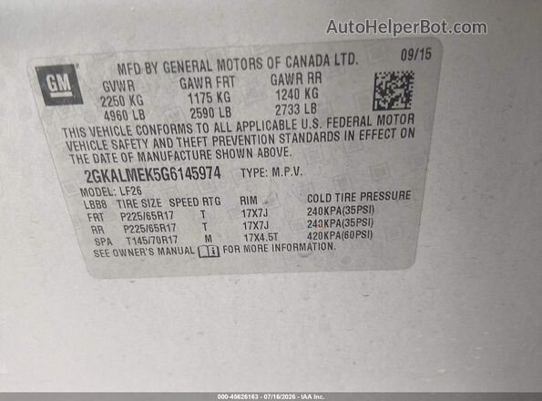 2GKALMEK5G6145974 2016 GMC TERRAIN Silver Vista del compartimento del motor