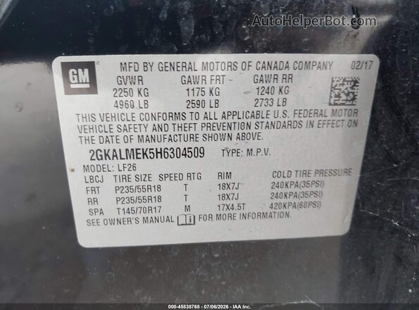 2GKALMEK5H6304509 2017 GMC TERRAIN Black Widok komory silnika