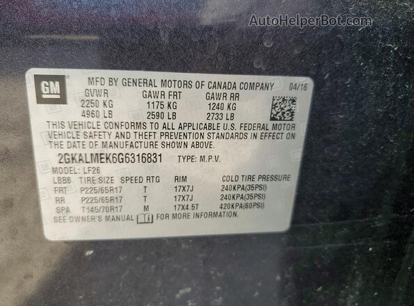 2GKALMEK6G6316831 2016 GMC TERRAIN Charcoal Vista de la etiqueta del VIN