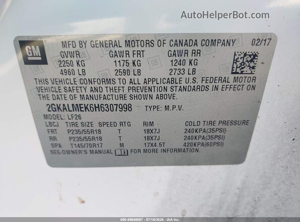 2GKALMEK6H6307998 2017 GMC TERRAIN White Widok komory silnika