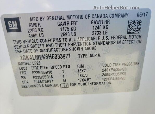 2GKALMEK6H6333971 2017 GMC TERRAIN White Շարժիչի բաժամունքի տեսք