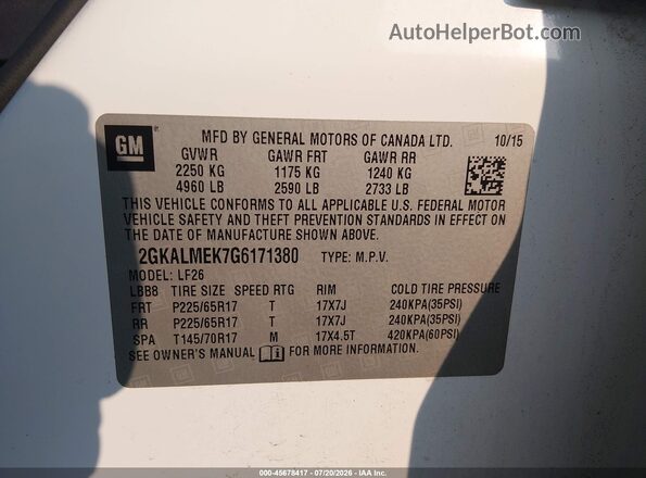 2GKALMEK7G6171380 2016 GMC TERRAIN White Engine compartment view