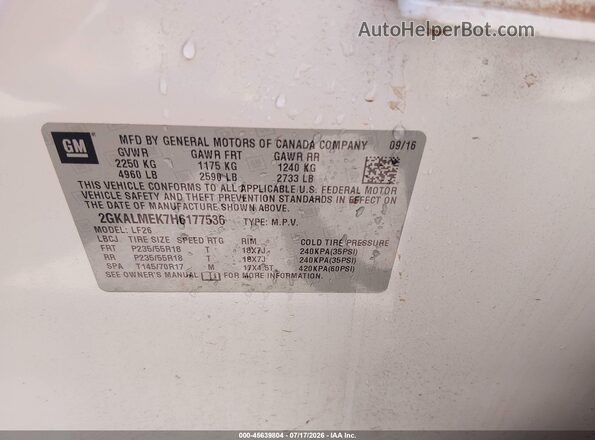 2GKALMEK7H6177536 2017 GMC TERRAIN White ძრავის განყოფილების ხედი