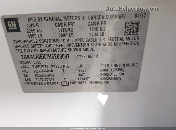 2GKALMEK7H6280097 2017 GMC TERRAIN White Շարժիչի բաժամունքի տեսք
