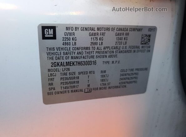 2GKALMEK7H6300316 2017 GMC TERRAIN White Vista interior de 360 grados