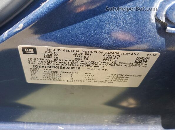 2GKALMEK8G6234518 2016 GMC TERRAIN Blue Widok naklejki z numerem VIN