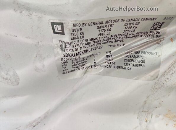 2GKALMEK8H6279332 2017 GMC TERRAIN Серебряный Вид наклейки с VIN-кодом
