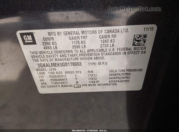 2GKALMEK9G6178993 2016 GMC TERRAIN Gray Widok komory silnika