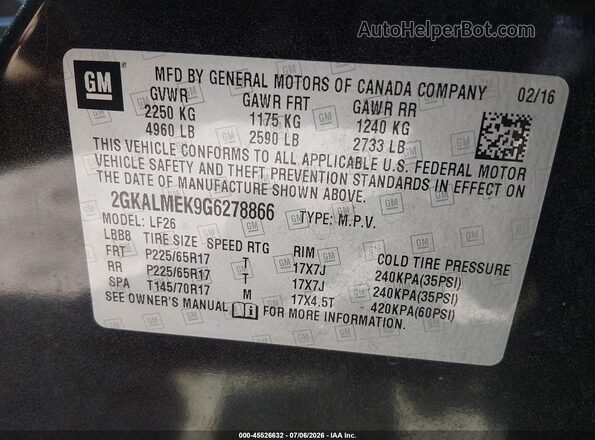 2GKALMEK9G6278866 2016 GMC TERRAIN Black Engine compartment view
