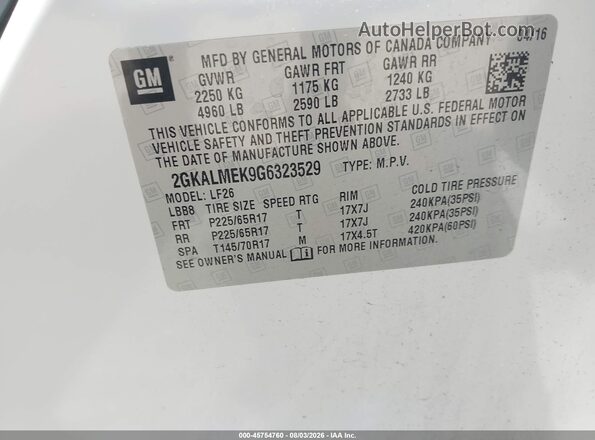 2GKALMEK9G6323529 2016 GMC TERRAIN White ძრავის განყოფილების ხედი