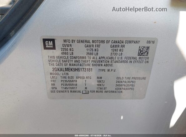 2GKALMEK9H6173181 2017 GMC TERRAIN Silver Вид підкапотного простору