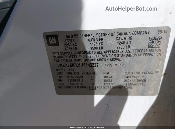 2GKALMEKXH6145227 2017 GMC TERRAIN White Вид підкапотного простору