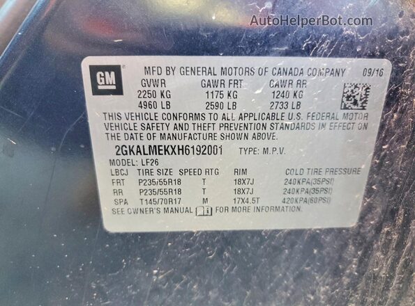 2GKALMEKXH6192001 2017 GMC TERRAIN Blue Вид наклейки з VIN-кодом