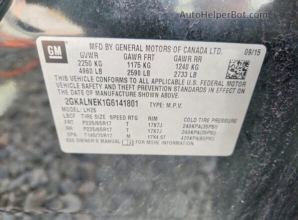 2GKALNEK1G6141801 2016 GMC TERRAIN Черный Вид наклейки с VIN-кодом