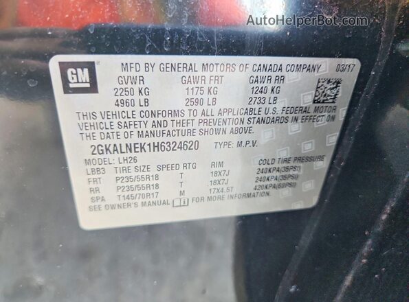 2GKALNEK1H6324620 2017 GMC TERRAIN Черный Вид наклейки с VIN-кодом