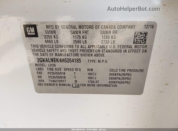 2GKALNEK4H6264185 2017 GMC TERRAIN White Widok komory silnika