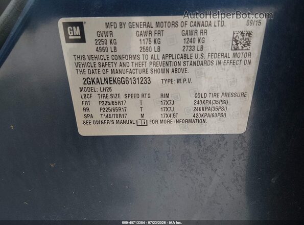 2GKALNEK6G6131233 2016 GMC TERRAIN Blue ძრავის განყოფილების ხედი