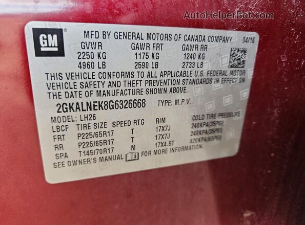 2GKALNEK8G6326668 2016 GMC TERRAIN Burgundy VIN კოდის სტიკერის ხედი