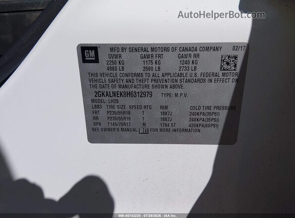 2GKALNEK8H6312979 2017 GMC TERRAIN White Widok komory silnika