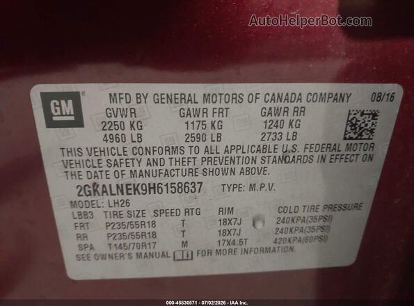 2GKALNEK9H6158637 2017 GMC TERRAIN Red Շարժիչի բաժամունքի տեսք