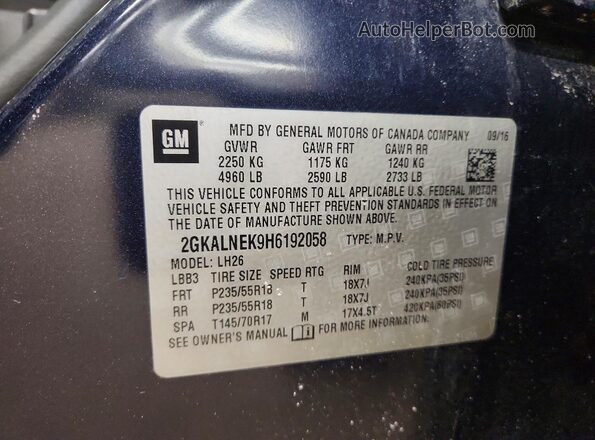 2GKALNEK9H6192058 2017 GMC TERRAIN Синий Панорамный вид салона 360°