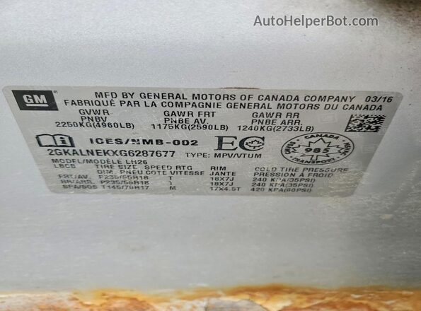 2GKALNEKXG6287677 2016 GMC TERRAIN Silver VIN კოდის სტიკერის ხედი