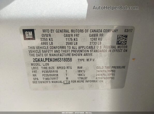 2GKALPEK0H6318058 2017 GMC TERRAIN Silver Вид підкапотного простору