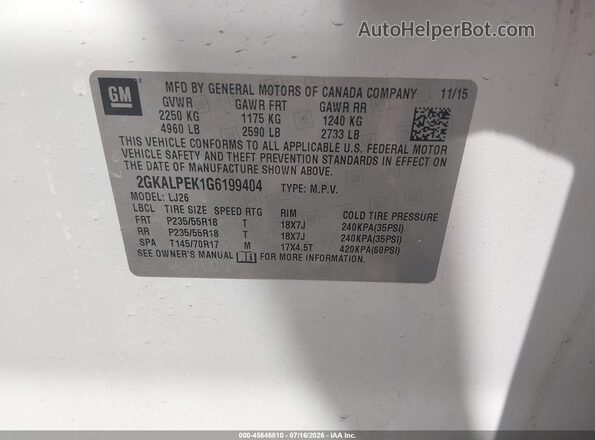 2GKALPEK1G6199404 2016 GMC TERRAIN Белый Вид подкапотного пространства