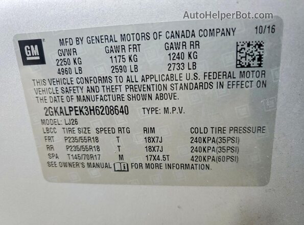 2GKALPEK3H6208640 2017 GMC TERRAIN Silver Widok naklejki z numerem VIN