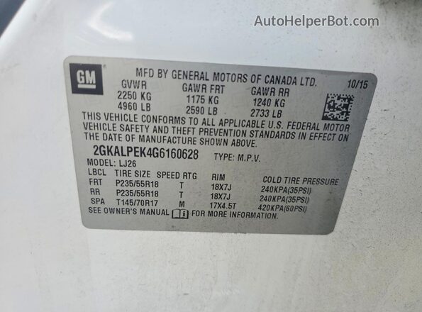 2GKALPEK4G6160628 2016 GMC TERRAIN White Widok naklejki z numerem VIN