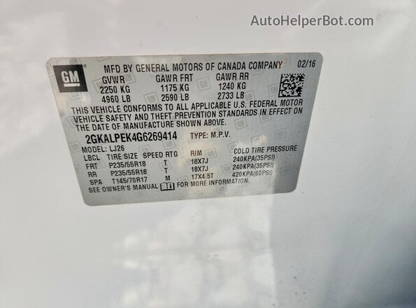 2GKALPEK4G6269414 2016 GMC TERRAIN White Engine compartment view