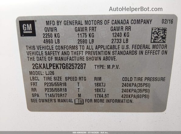 2GKALPEK7G6257287 2016 GMC TERRAIN White Widok komory silnika