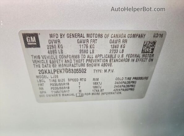 2GKALPEK7G6305502 2016 GMC TERRAIN Silver VIN կոդի պիտակի տեսք