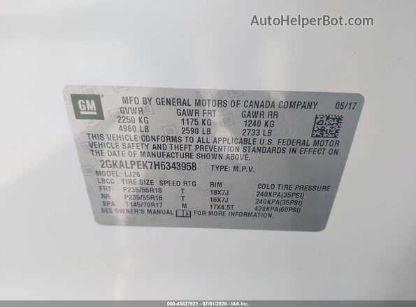2GKALPEK7H6343958 2017 GMC TERRAIN White Vista del compartimento del motor