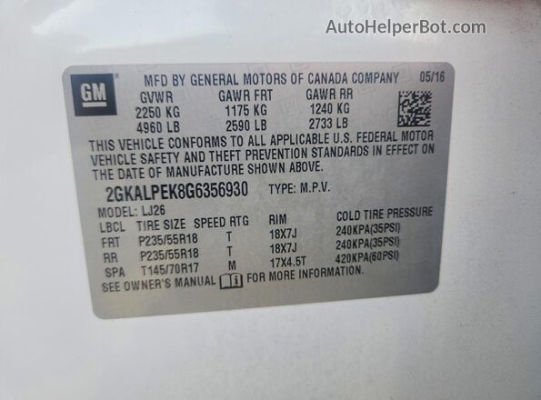 2GKALPEK8G6356930 2016 GMC TERRAIN White Вид наклейки з VIN-кодом