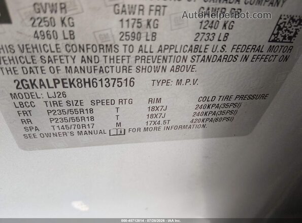 2GKALPEK8H6137516 2017 GMC TERRAIN Gray Vista del compartimento del motor