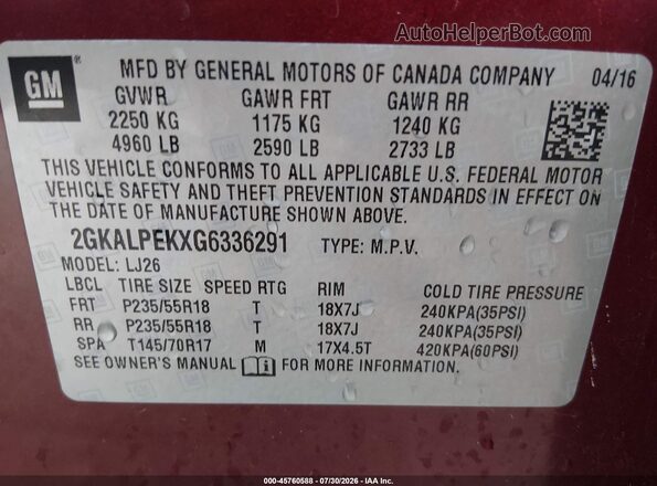 2GKALPEKXG6336291 2016 GMC TERRAIN Red ძრავის განყოფილების ხედი
