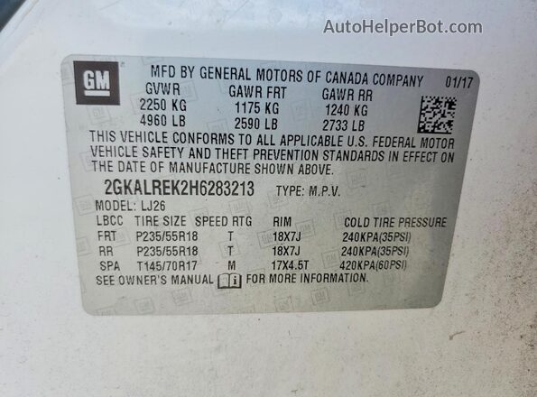 2GKALREK2H6283213 2017 GMC TERRAIN White სალონის 360-გრადუსიანი ხედი
